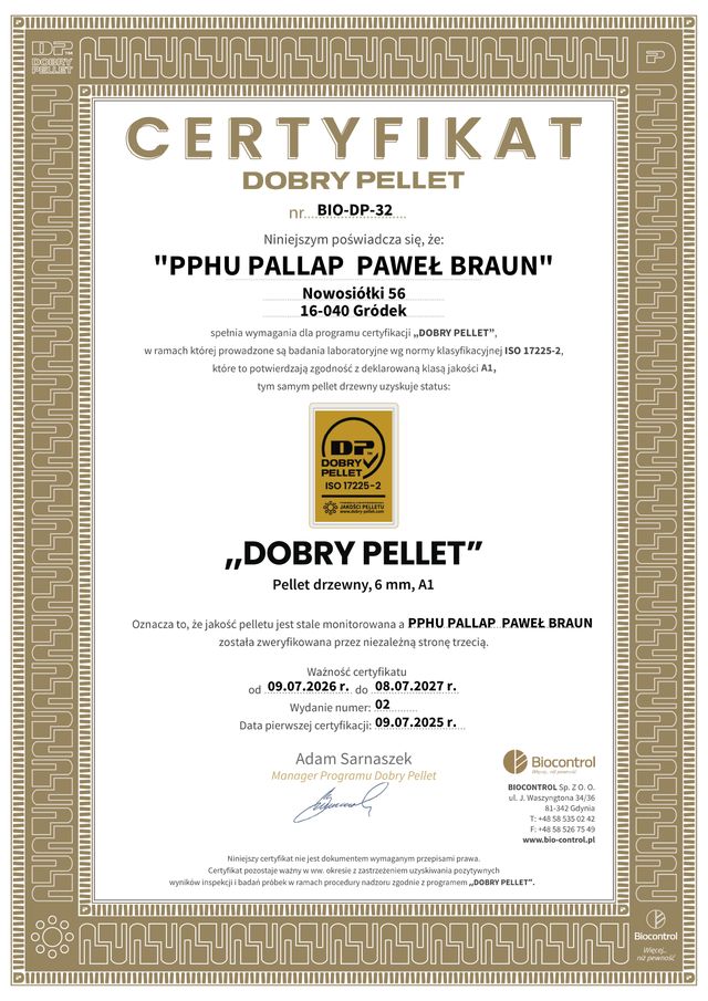 Certyfikat DOBRY PELLET nr BIO-DP-32 — pellet drzewny 6 mm klasy A1, zgodność z ISO 17225-2