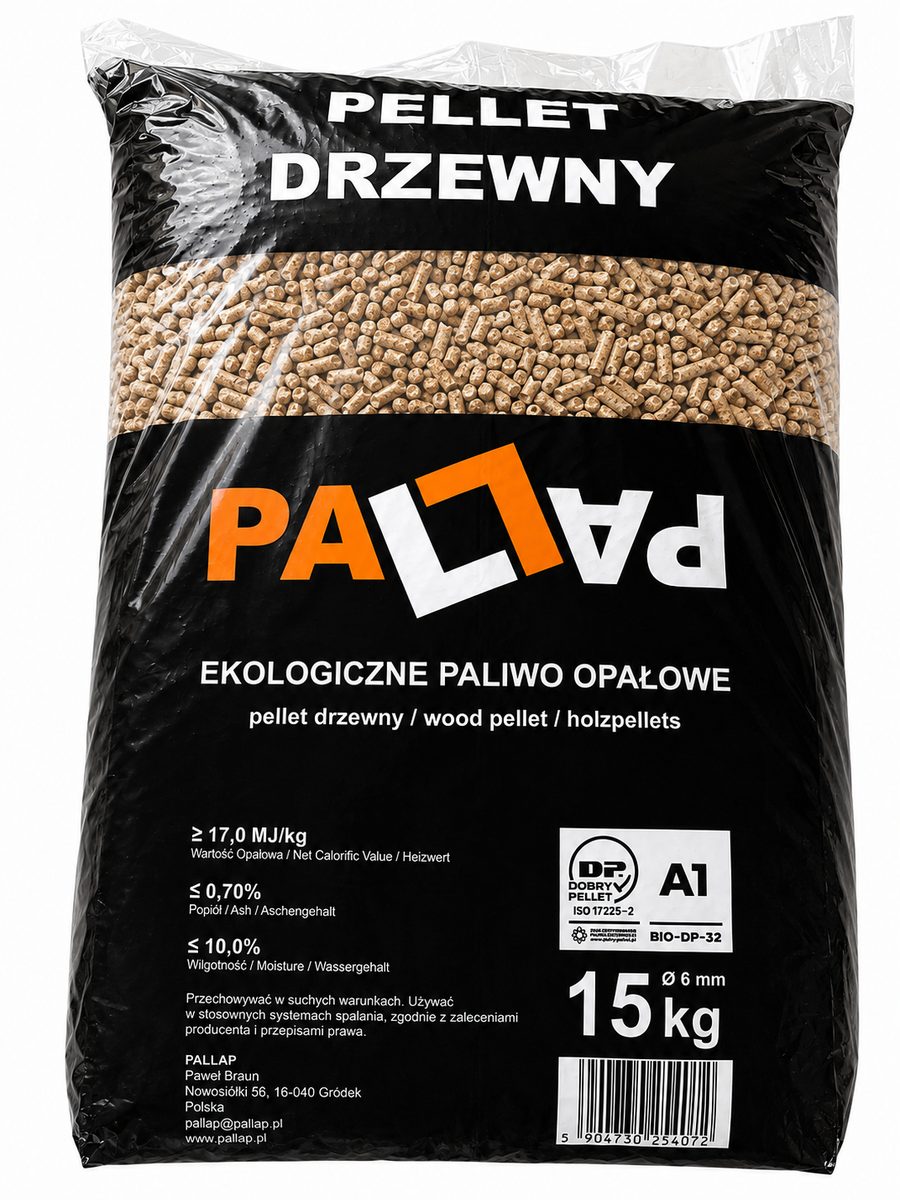 Worek pelletu drzewnego PALLAP 15 kg — klasa A1, 6 mm, certyfikat DOBRY PELLET BIO-DP-32
